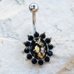 Piercing nombril fleur noire à feuille d'or (imitation or)