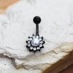 Piercing nombril fleur noire � strass clairs et perle