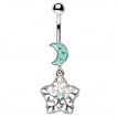 Piercing nombril � lune emaill�e et pendentif �toile arabesque
