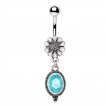 Piercing nombril pendentif fleur et m�daillon bleu lagon