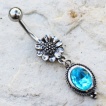 Piercing nombril pendentif fleur et m�daillon bleu lagon