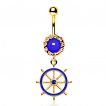 Piercing nombril plaqu� or et bleu � barre (roue) de bateau