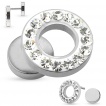 Piercing oreille style faux plug avec anneau excentré auréolé de pierres