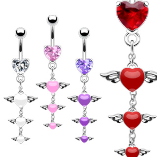 Piercing nombril triple pendentif de coeurs ail�s