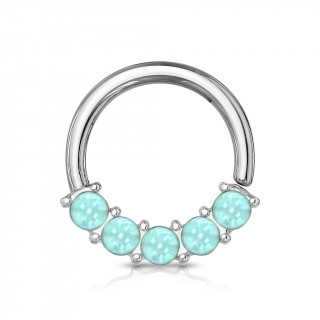 Anneau acier � face sertie de 5 pierres d'epoxy - Bleu