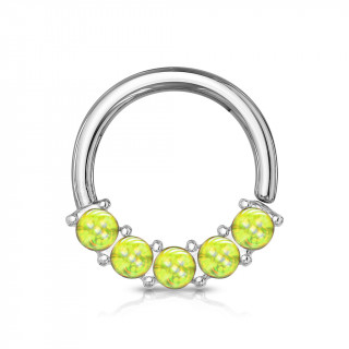 Anneau acier � face sertie de 5 pierres d'epoxy - Vert citron