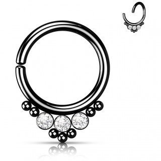 Anneau ajustable par torsion en acier Noir � chevron de perles et strass