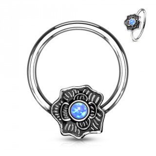 Anneau CBR � fleur vintage sertie opale - Bleu (oreille, septum...)