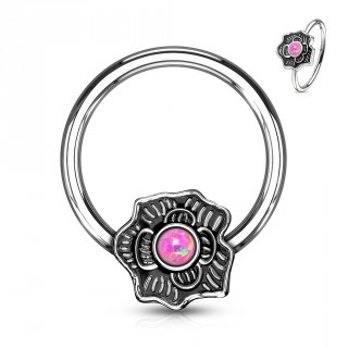 Anneau CBR � fleur vintage sertie opale - Rose (oreille, septum...)