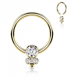 Anneau CBR Dor� en acier � jonction triple strass et perle