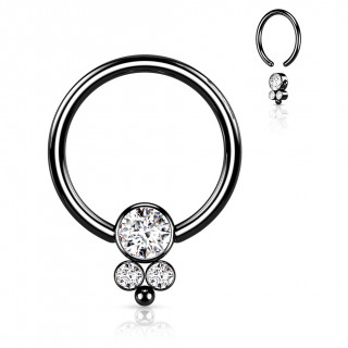 Anneau CBR Noir en acier � jonction triple strass et perle