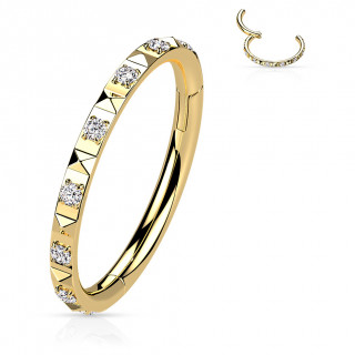 Anneau � charni�re dor� � pyramides et zirconiums (acier haute pr�cision)