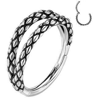 Anneau � charni�re doubl� en acier aspect peau de serpent Argent�