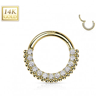 Anneau charni�re en or jaune 14 carats � arc perl� et serti de zirconiums