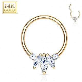 Anneau charni�re en or jaune 14 carats � 3 zirconiums en marquise