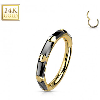 Anneau charni�re en or jaune 14 carats � zirconiums noirs rectangulaires