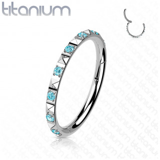 Anneau charni�re en Titane � pyramides et zirconiums - Bleu Aqua