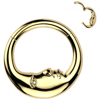 Anneau charni�re Lune Visage dor�e en acier haute pr�cision (oreille, septum...)