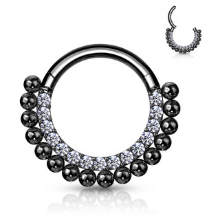 Anneau charni�re Noir serti � pourtour perl� (acier haute pr�cision)