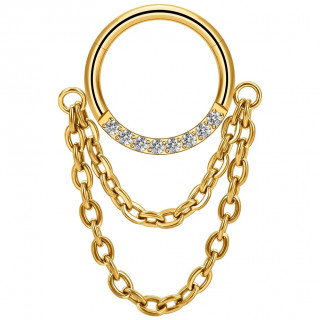 Anneau charni�re Titane dor� serti � double chaine (septum, lobe, daith...)