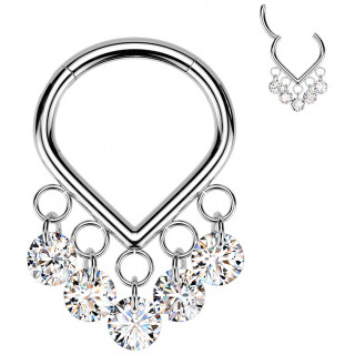 Anneau clicker en titane chevron � 5 zirconiums suspendus