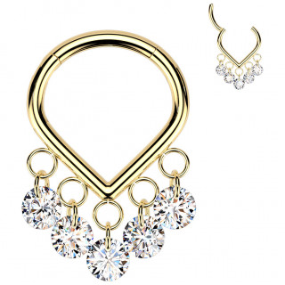 Anneau clicker en titane dor� chevron � 5 zirconiums suspendus