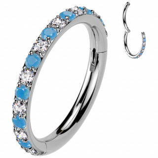 Anneau clicker Titane � bande de zirconiums et turquoises (l�vre, lobe, h�lix...)