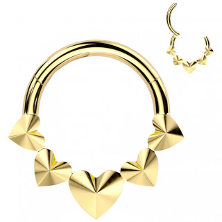 Anneau clicker Titane dor� � coeurs chics (septum, h�lix, lobe...)