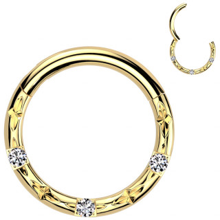 Anneau clicker Titane dor� grav� de motifs et serti de zirconiums