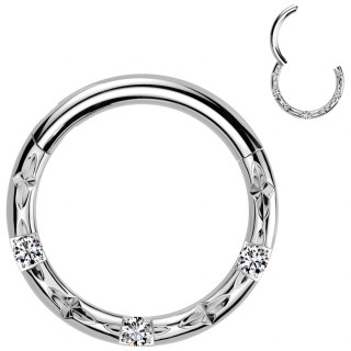 Anneau clicker Titane grav� de motifs et serti de zirconiums