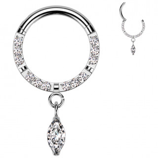 Anneau clicker Titane � zirconium taill� en marquise suspendu