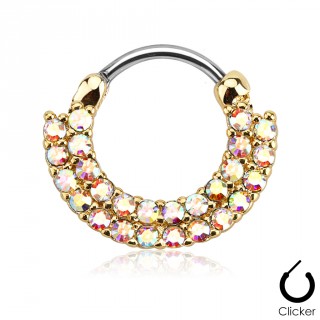 Anneau clips gris et dor� � double arc de strass Aurore bor�ale