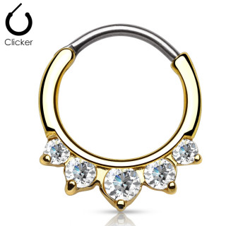 Anneau clips plaqu� or � 5 strass clairs asym�triques