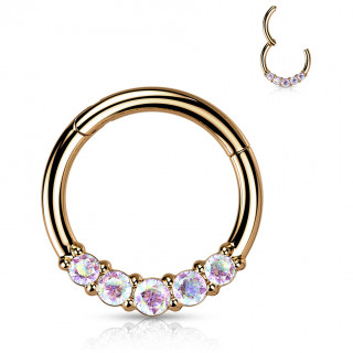 Anneau cuivr� en acier haute pr�cision � segment charni�re et 5 zirconiums Aurore Bor�ale