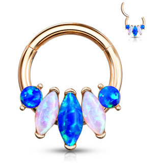 Anneau Cuivr� � segment clip et Opales en marquises (acier haute pr�cision)