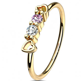 Anneau de nez dor� � strass et duo de coeurs