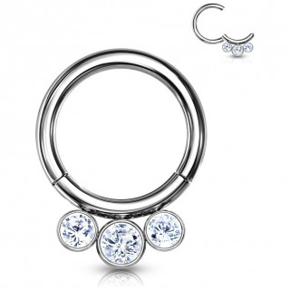 Anneau de piercing type clicker en Titane � 3 cristaux (Septum, lobe, h�lix...)