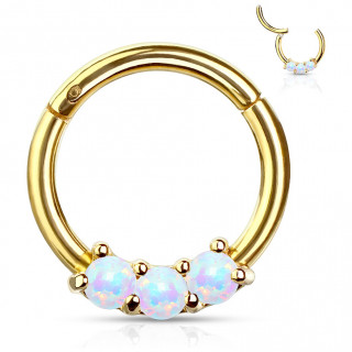 Anneau dor� � segment clip et trio d'Opales Blanches (acier haute pr�cision)