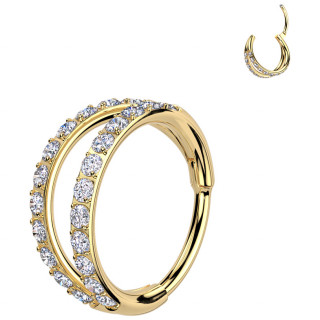 Anneau double tr�s fin en Titane Dor� pav� de zirconiums � charni�re (narine, oreille...)