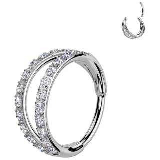 Anneau double tr�s fin en Titane pav� de zirconiums � charni�re (narine, oreille...)
