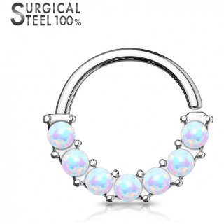 Anneau en acier � face sertie de 7 opales blanches (Top qualit�)