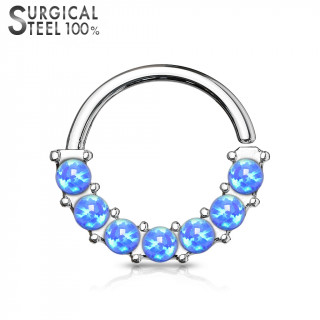 Anneau en acier � face sertie de 7 opales bleues (Top qualit�)