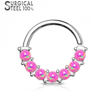 Anneau en acier � face sertie de 7 opales roses (Top qualit�)