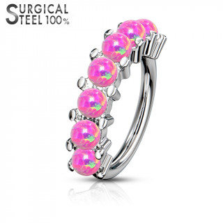 Anneau en acier serti de 7 opales roses (Top qualit�)