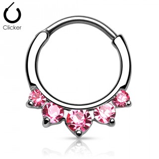Anneau fermeture clips � 5 strass roses asym�triques
