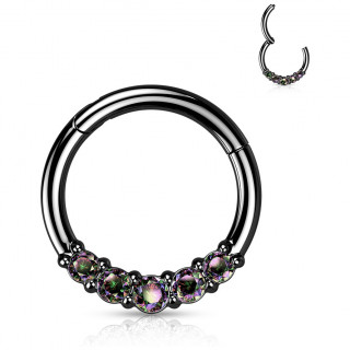 Anneau noir en acier haute pr�cision � segment charni�re et 5 zirconiums Vitrail Medium