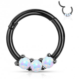 Anneau noir � segment clip et trio d'Opales Blanches (acier haute pr�cision)