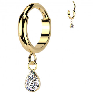 Anneau d'oreille clicker en Titane dor� � goutte zirconium suspendue