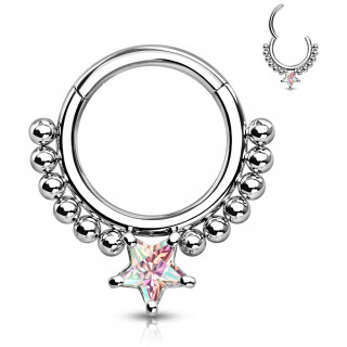 Anneau perl� en acier � �toile Aurore Bor�ale et charni�re discr�te