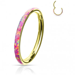 Anneau segment clip Dor� � bande d'Opale Rose (acier haute pr�cision)